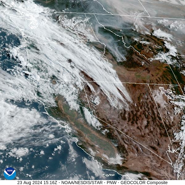 Friday morning’s satellite shows some light smoke across Montana, much of which is aloft, from fires burning in Central Idaho. A trough begins to march inland providing clouds in the Pacific Northwest.